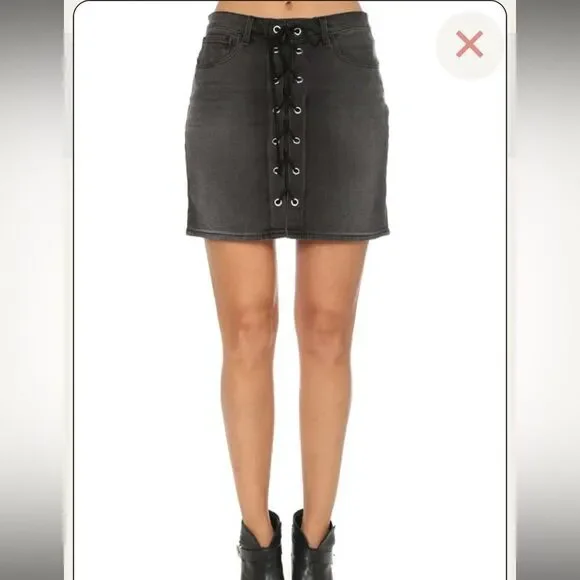 NWT L’AGENCE Portia black denim lace up front mini skirt 25 - Picture 2 of 8